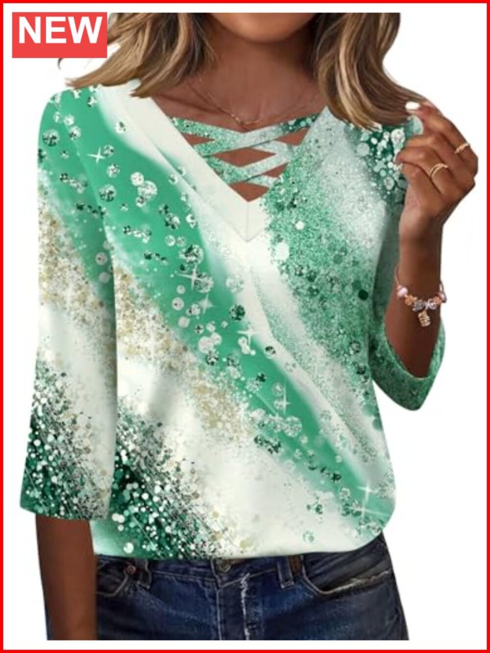 Women's 3/4 Sleeve V-Neck Criss Cross Top Polyester Rayon Spandex Tee